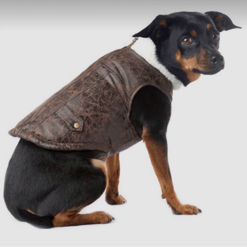 Wag-a-Tude brown‎ faux leather bomber dog jacket with Sherpa trim. Size Small.